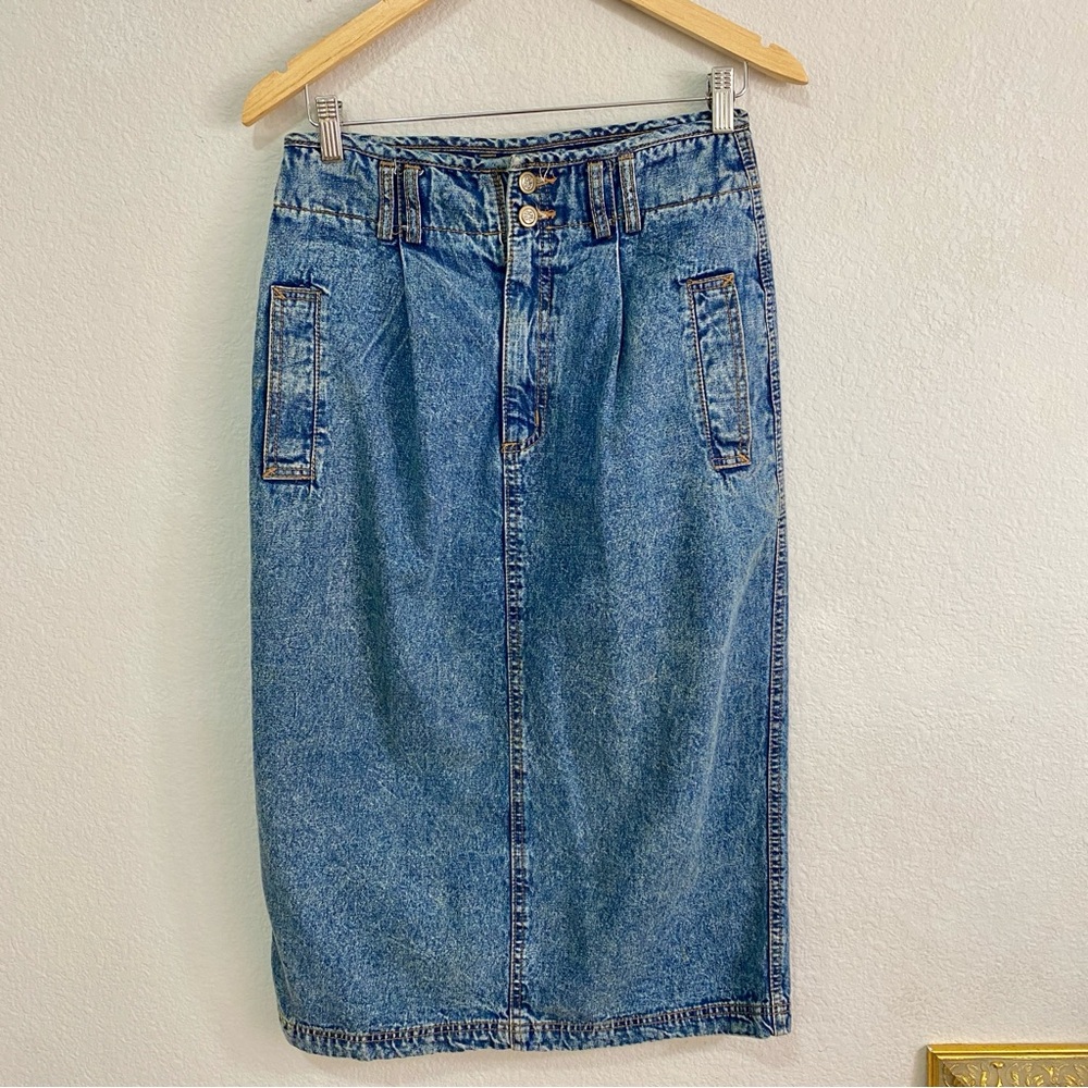 VTG 80s Bill Blass Acid Wash Denim Skirt High Waist Pleated Pencil Midi 29 Waist